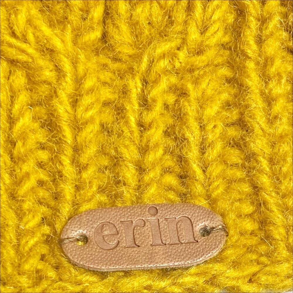 ERIN Irish Wool Aran Cable-Knit Beanie in Mustard Yellow w Gray Fleece Lining OS - Picture 3 of 6